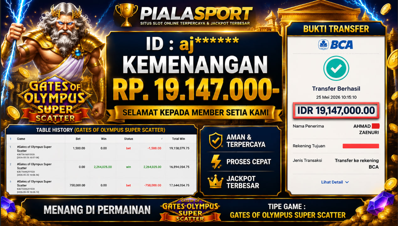 PIALASPORT JACKPOT SLOT GATES OF OLYMPUS SUPER SCATTER Rp.19.147.000,- LUNAS