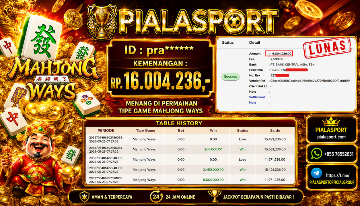 PIALASPORT JACKPOT SLOT MAHJONG WAYS Rp.16.004.236,- LUNAS