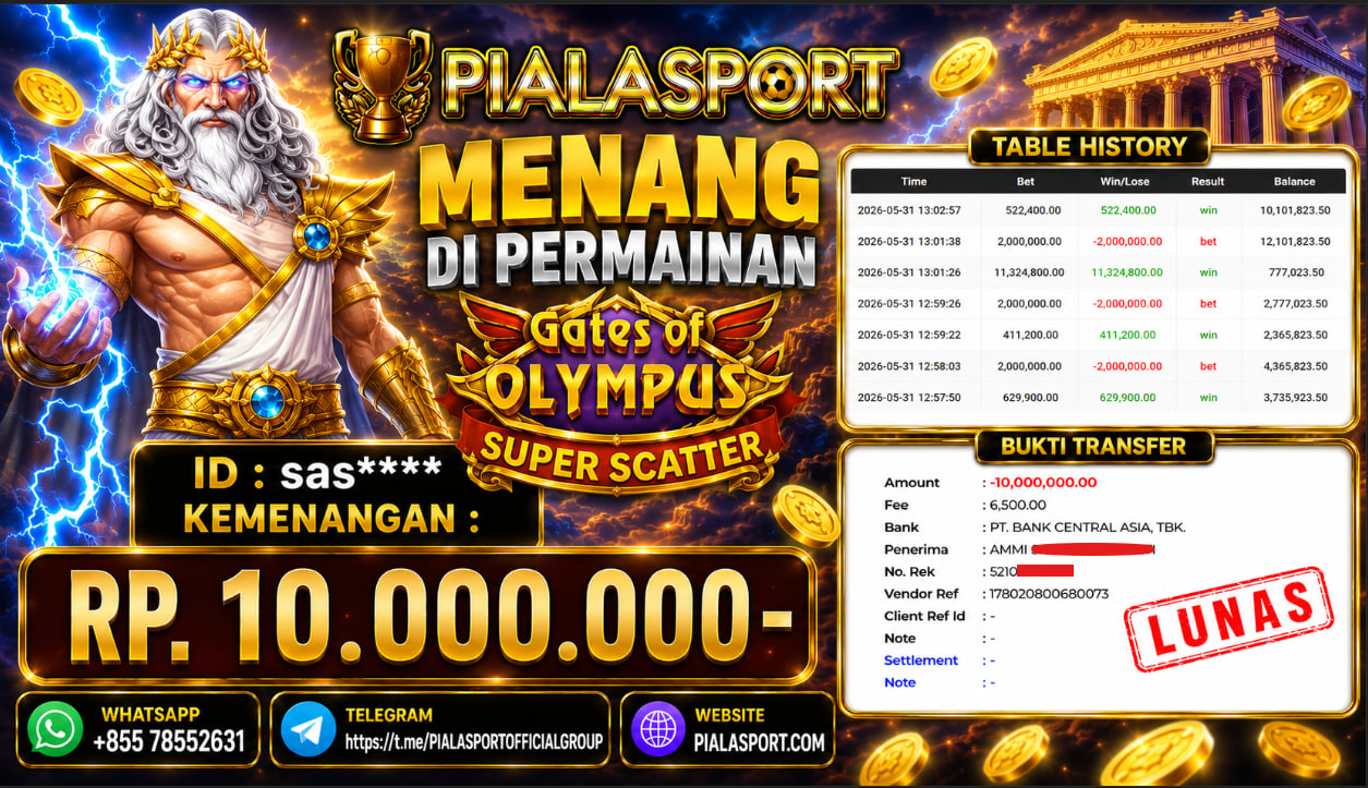 PIALASPORT JACKPOT SLOT GATE OF OLYMPUS SUPER SCATTER Rp.10.000.000,- LUNAS