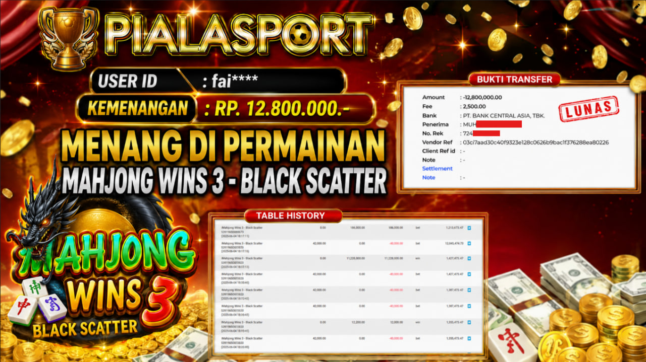PIALASPORT JACKPOT SLOT MAHJONG WINS - 3 BLACK SCATTER Rp.12.800.000,- LUNAS