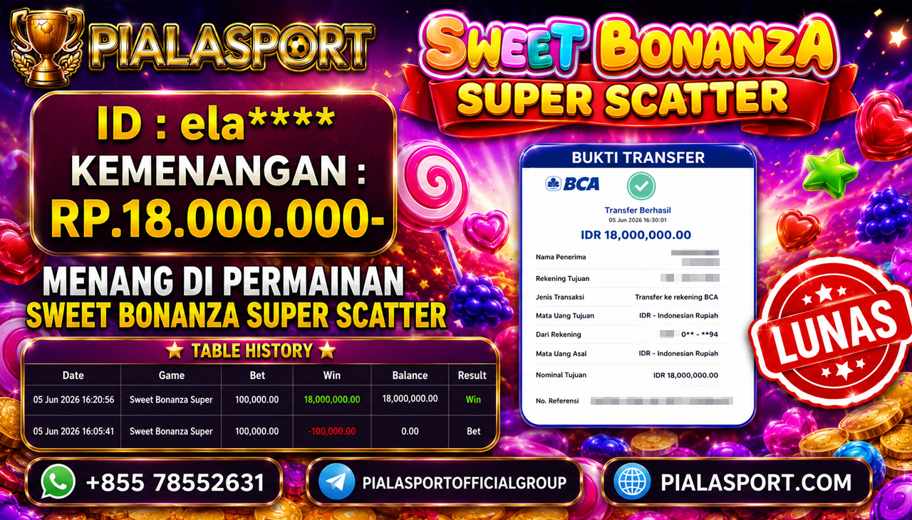 PIALASPORT JACKPOT SLOT SWEET BONANZA SUPER SCATTER Rp.18.000.000,- LUNAS