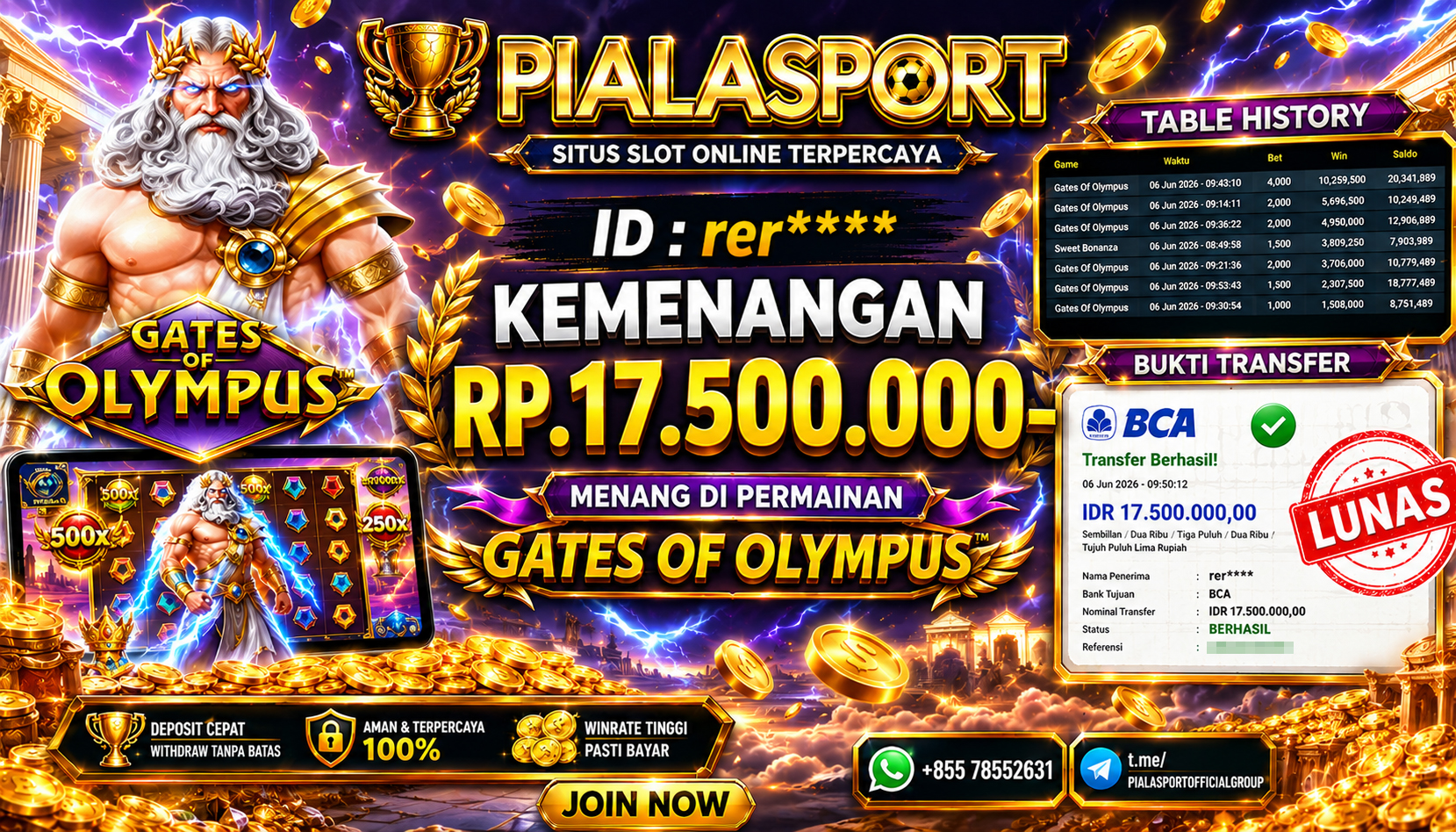 PIALASPORT JACKPOT SLOT GATES OF OLYMPUS Rp.17.500.000,- LUNAS