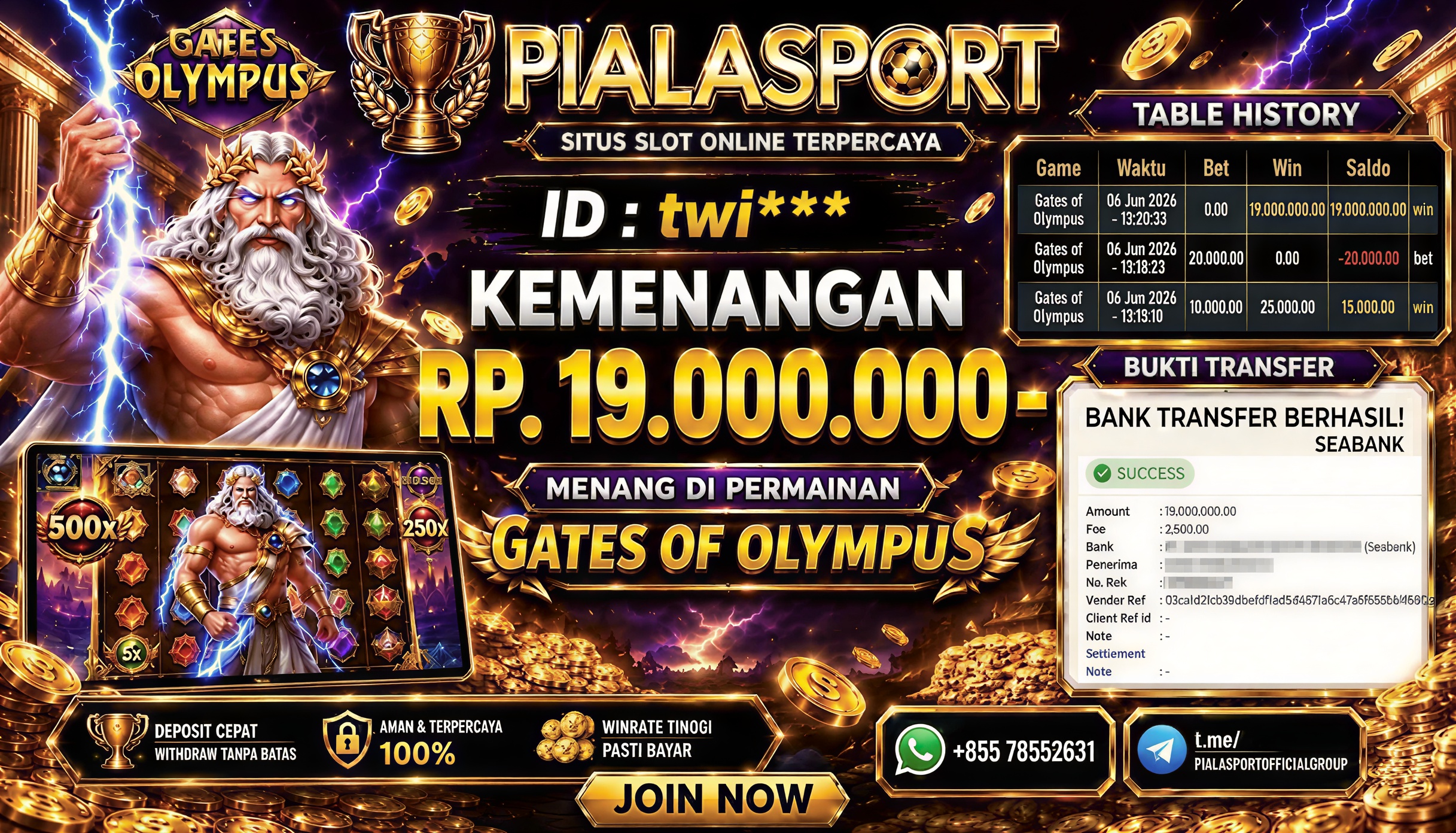 PIALASPORT JACKPOT SLOT GATES OF OLYMPUS Rp.19.000.000,- LUNAS
