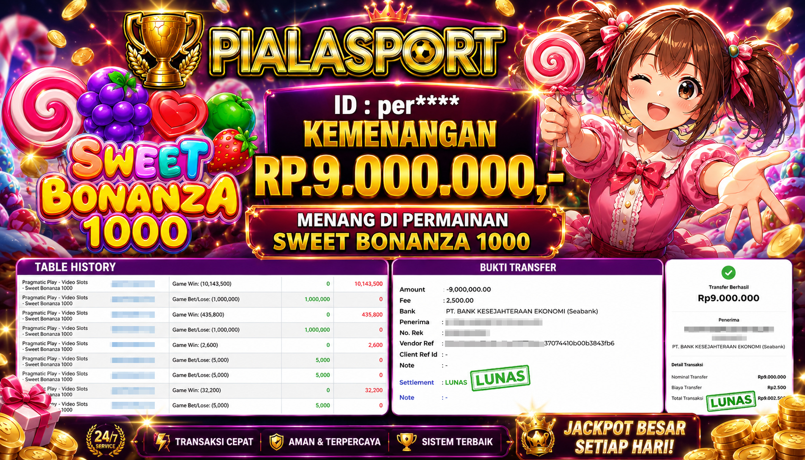 PIALASPORT JACKPOT SLOT SWEET BONANZA 1000 Rp.9.000.000,- LUNAS