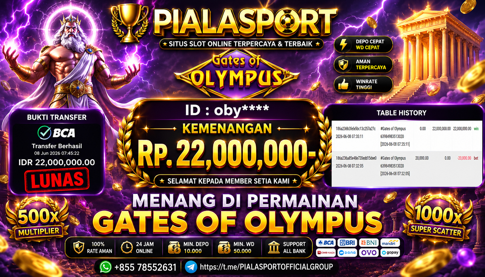 PIALASPORT JACKPOT SLOT GATES OF OLYMPUS Rp.22,000,000,- LUNAS