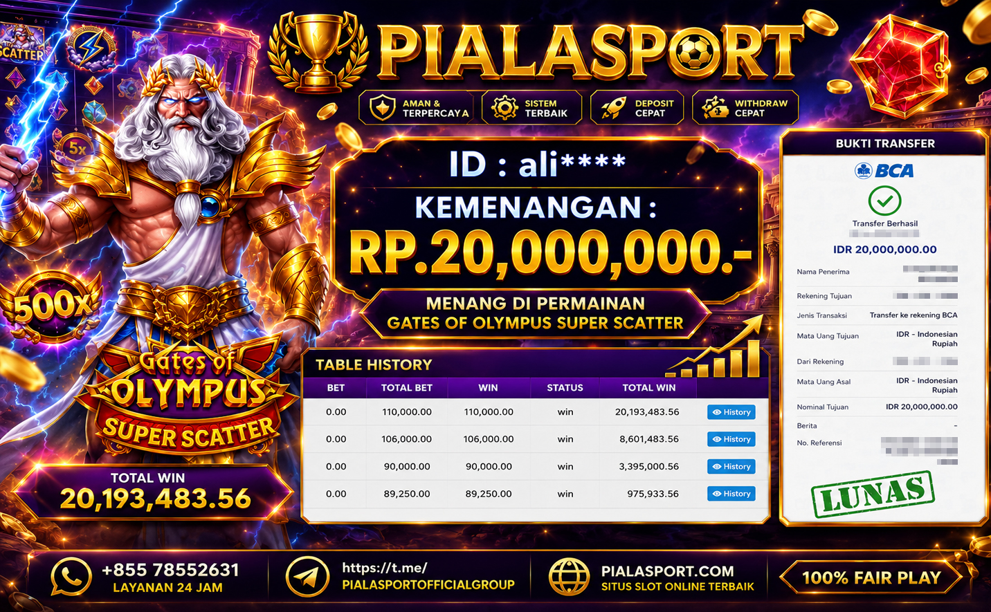 PIALASPORT JACKPOT SLOT GATES OF OLYMPUS SUPER SCATTER Rp.20.000.000,- LUNAS