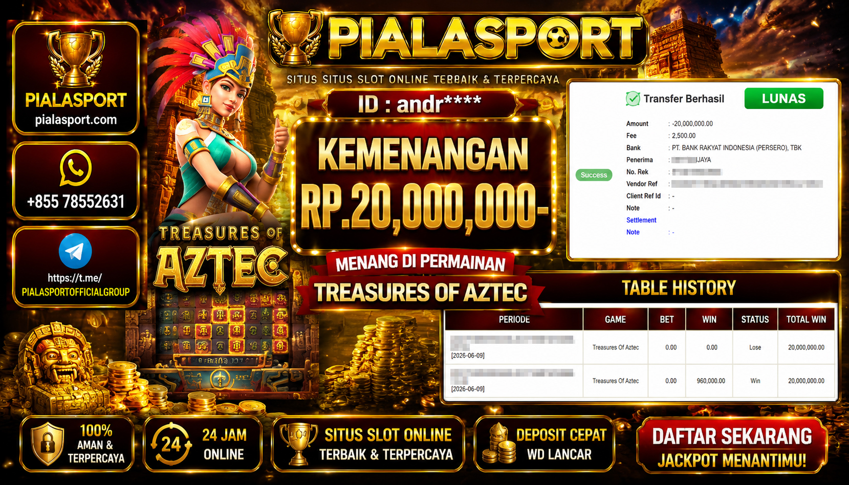 PIALASPORT JACKPOT SLOT TREASURES OF AZTEC Rp.20.000.000,- LUNAS