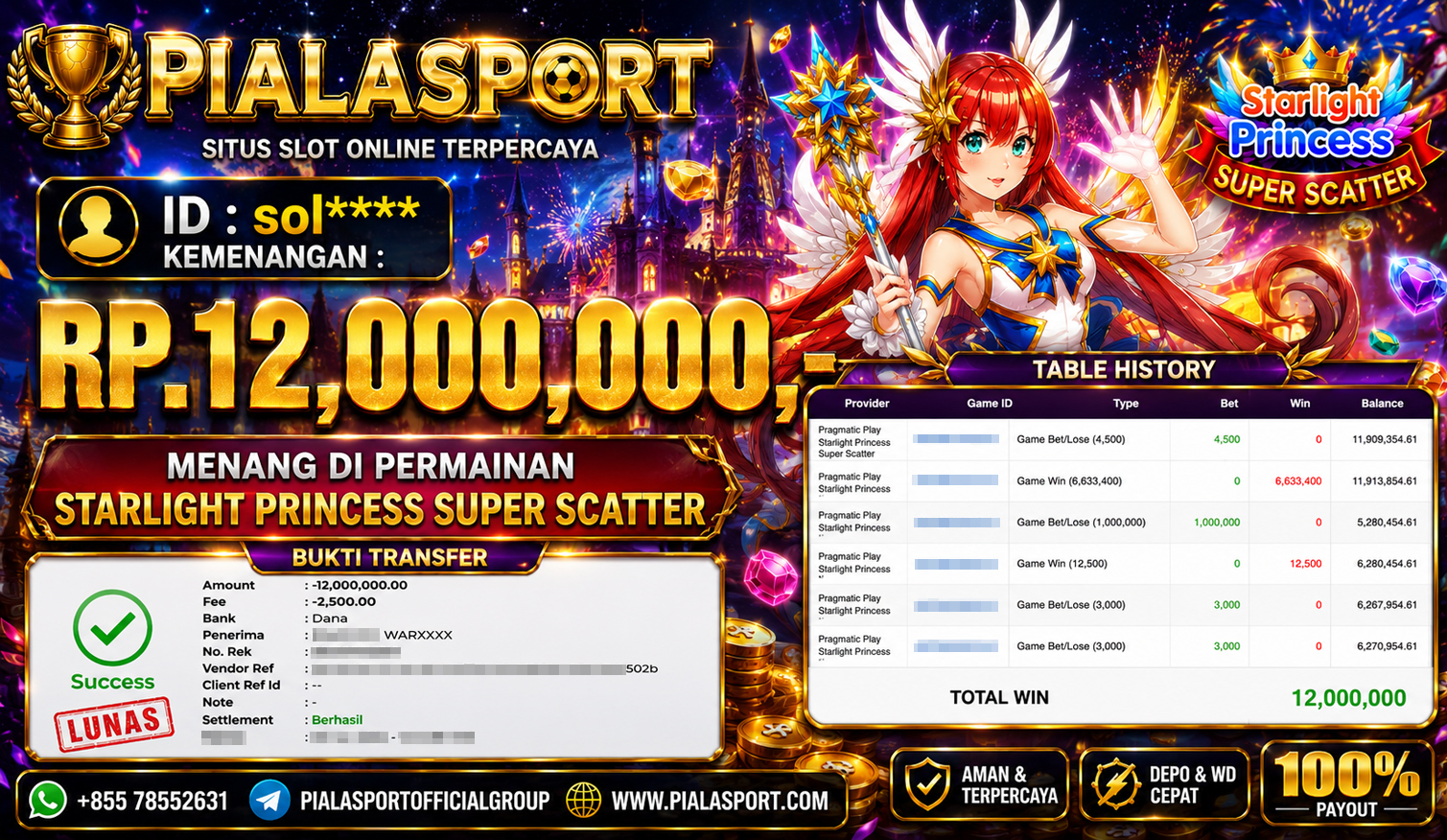PIALASPORT JACKPOT SLOT STARLIGHT PRINCESS SUPER SCATTER RP.12,000,000,-. LUNAS