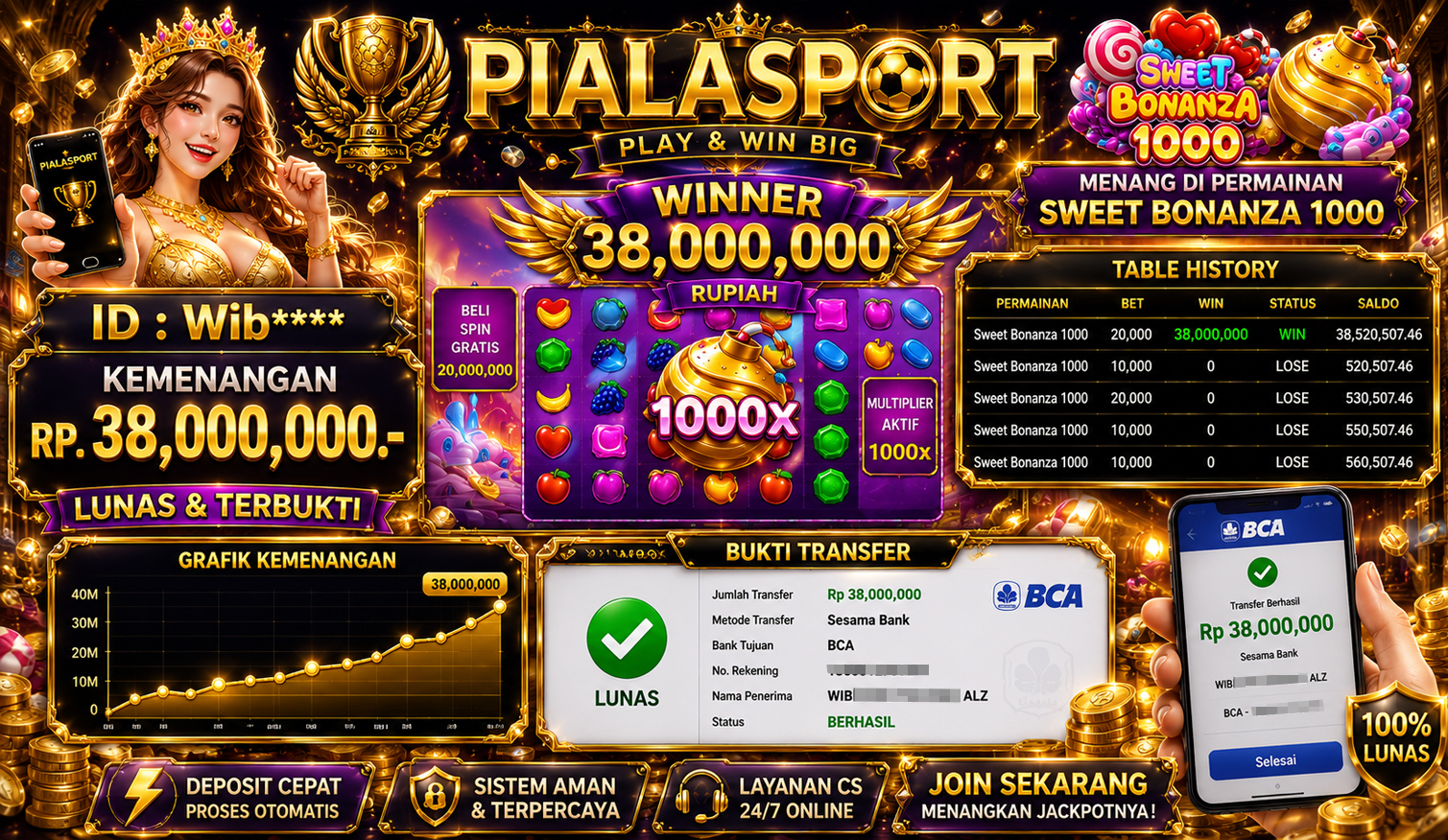 PIALASPORT JACKPOT SLOT SWEET BONANZA 1000 RP.38,000.000-. LUNAS