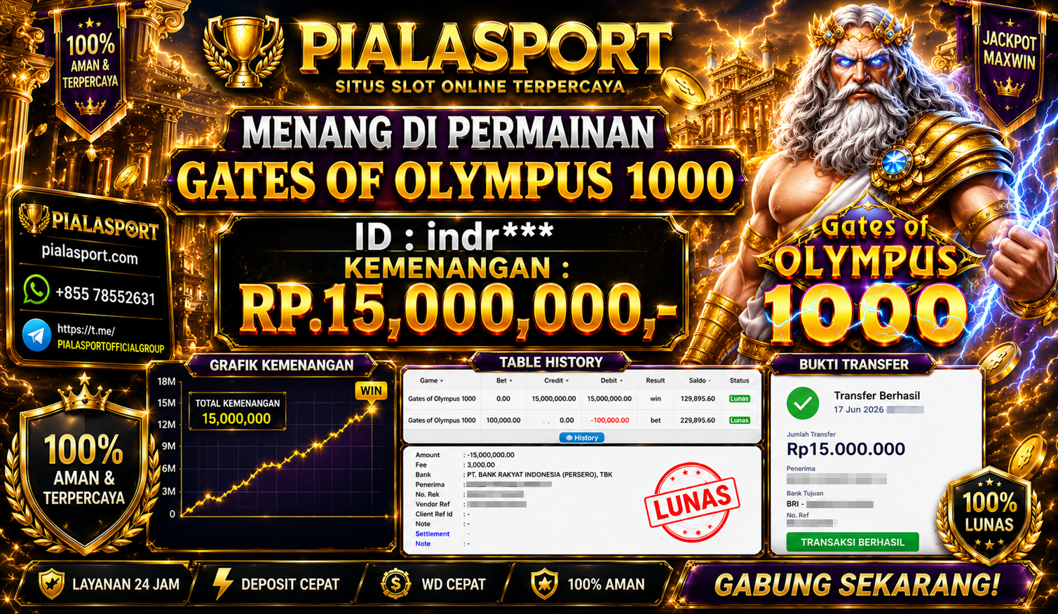 PIALASPORT JACKPOT SLOT GATES OF OLYMPUS 1000 RP.15,000,000,-. LUNAS