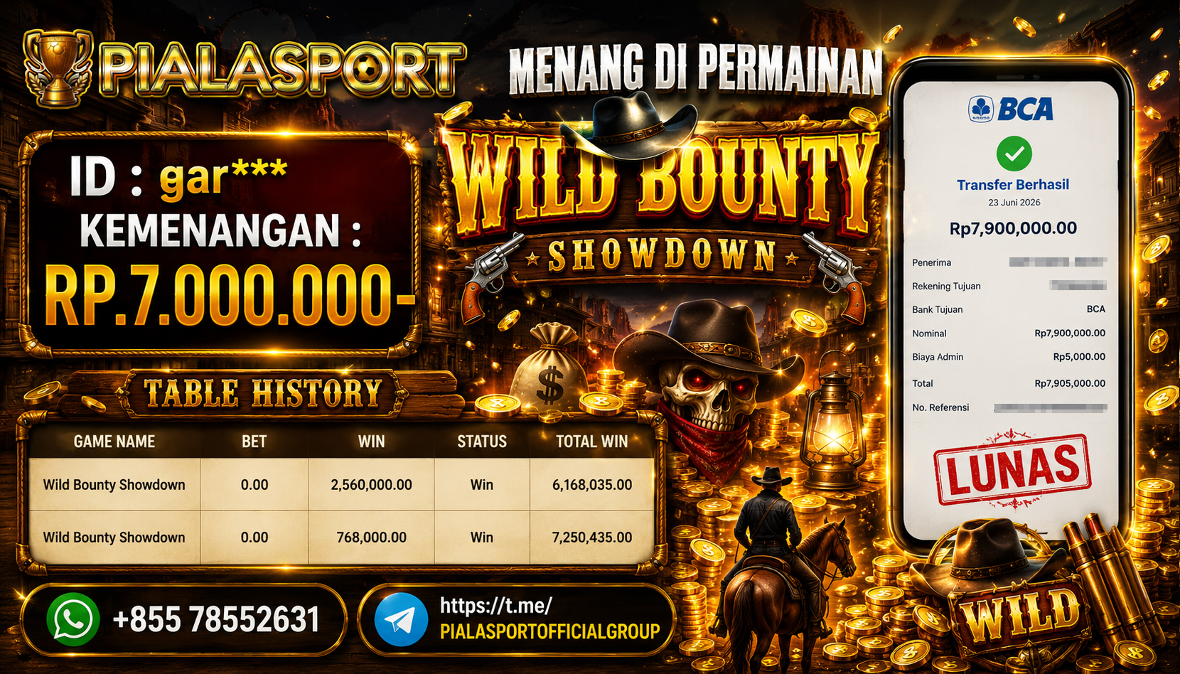 PIALASPORT JACKPOT SLOT WILD BOUNTY Rp.7.000.000,- LUNAS
