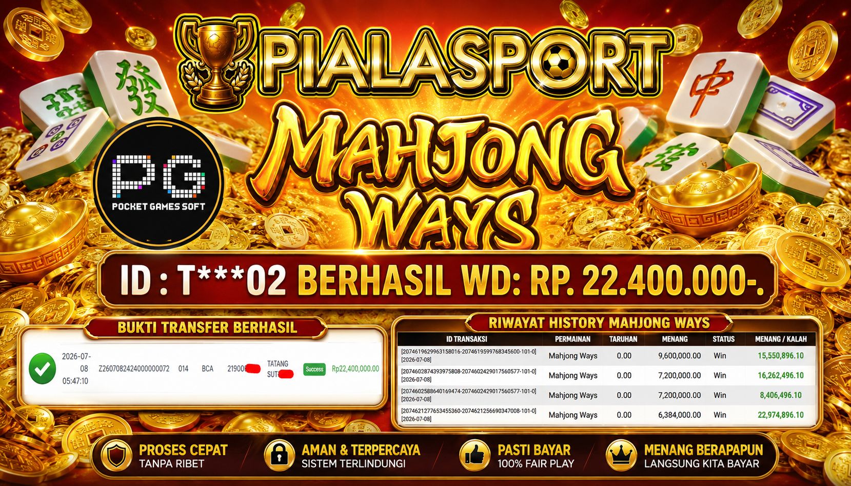PIALASPORT JACKPOT SLOT Mahjong Ways Rp.22.400.000, BERHASIL WITHDRAW DIBAYAR LUNAS