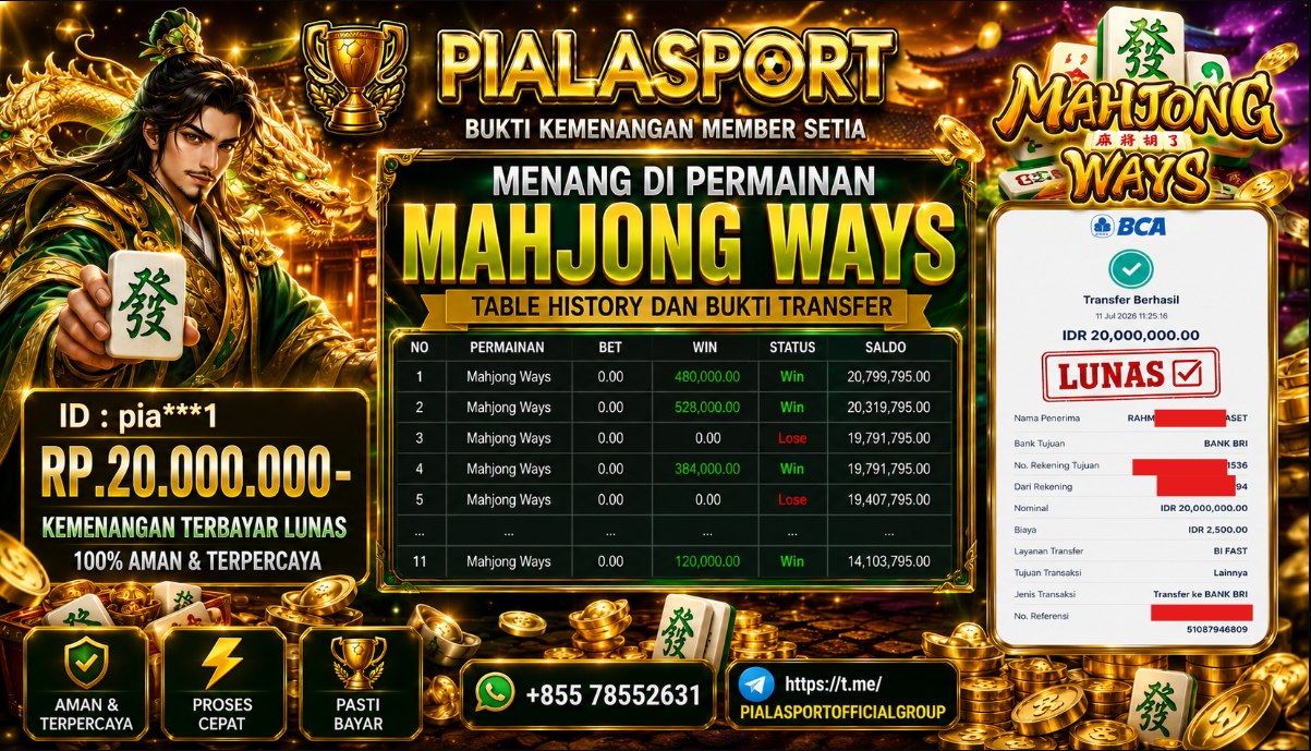 PIALASPORT JACKPOT SLOT MAHJONG WAYS Rp.20.000.000,- LUNAS