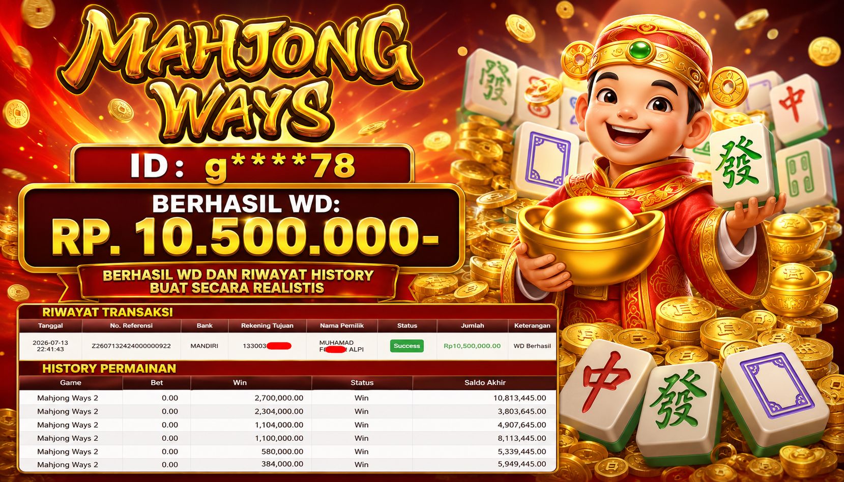 PIALASPORT JACKPOT SLOT Mahjong Ways Table Rp.10.500.000, BERHASIL WITHDRAW DIBAYAR LUNAS