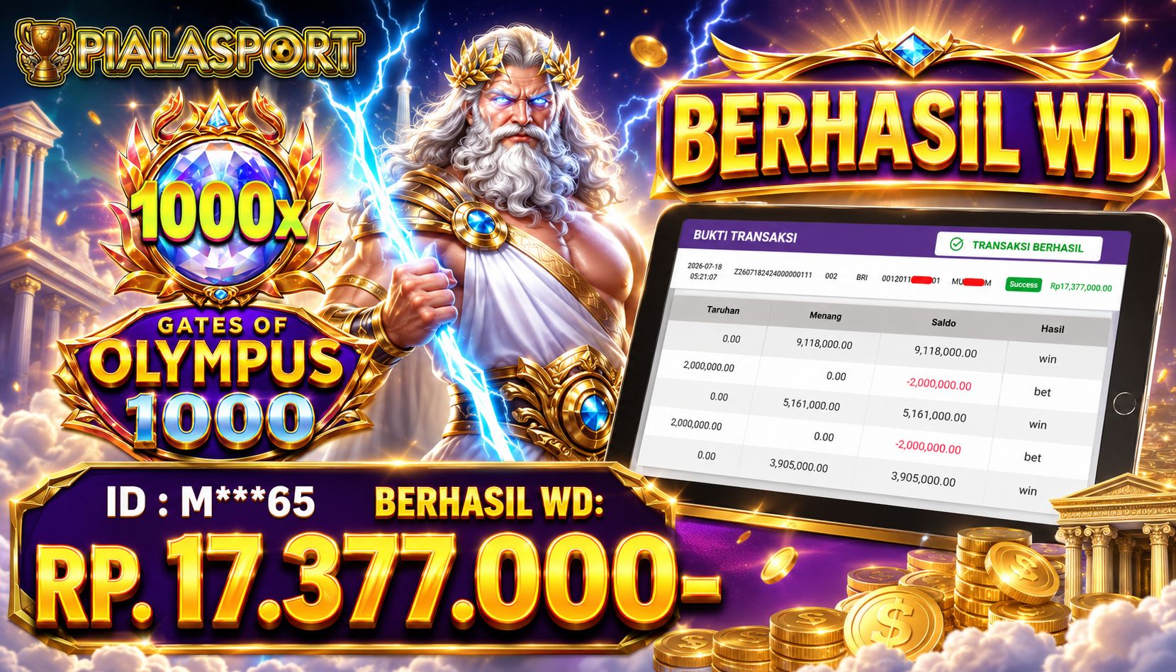 PIALASPORT JACKPOT  SLOT 'Gates of Olympus 1000 Table Rp.17.377.000, BERHASIL WITHDRAW DIBAYAR LUNAS