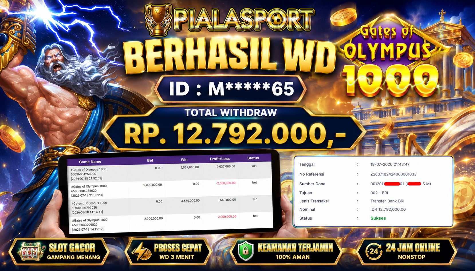 PIALASPORT JACKPOT  'Gates of Olympus 1000 Table Rp.12.792.000, BERHASIL WITHDRAW DIBAYAR LUNAS