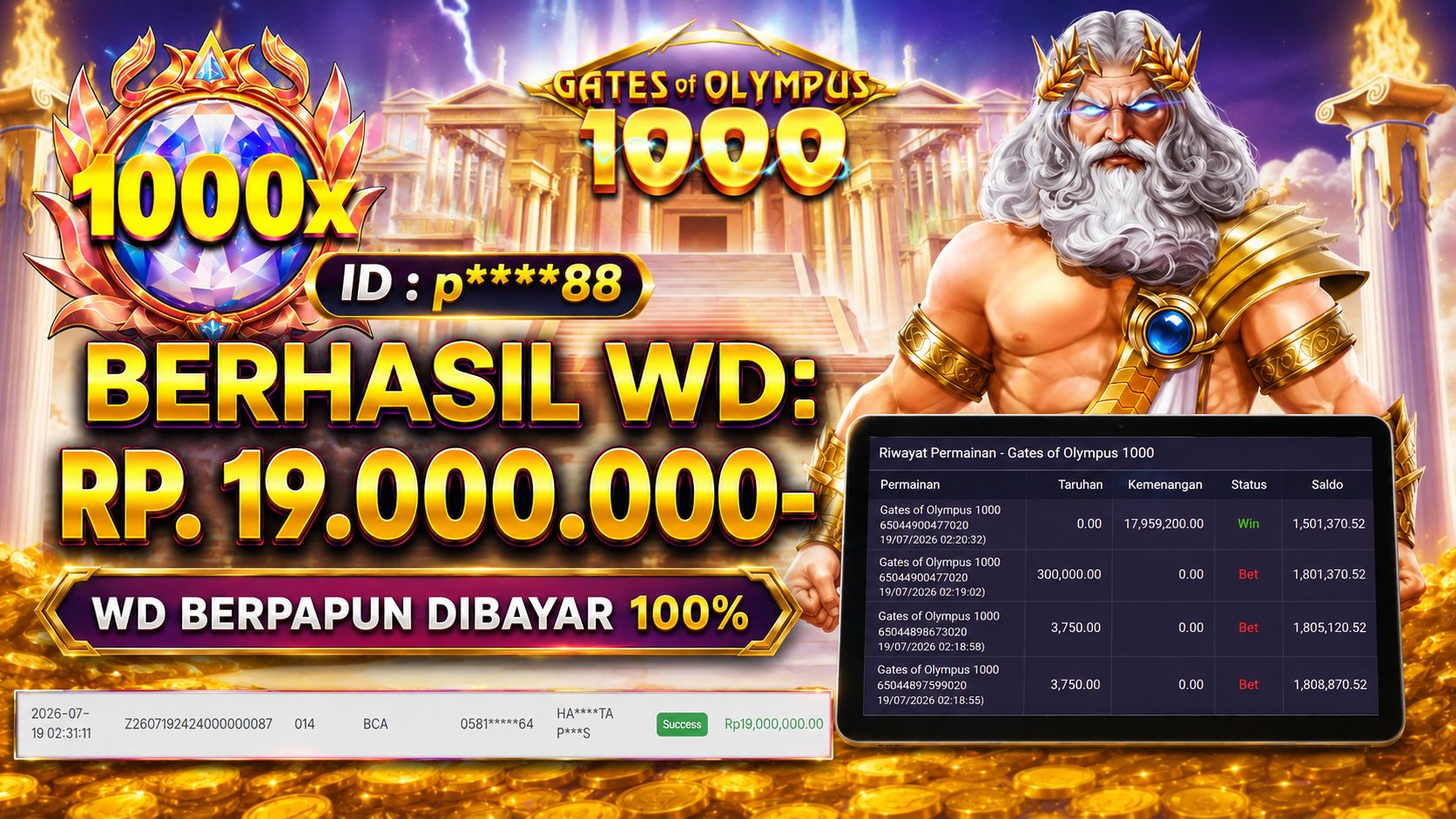PIALASPORT JACKPOT SLOT  'Gates of Olympus 1000 Table Rp.19.000.000, BERHASIL WITHDRAW DIBAYAR LUNAS