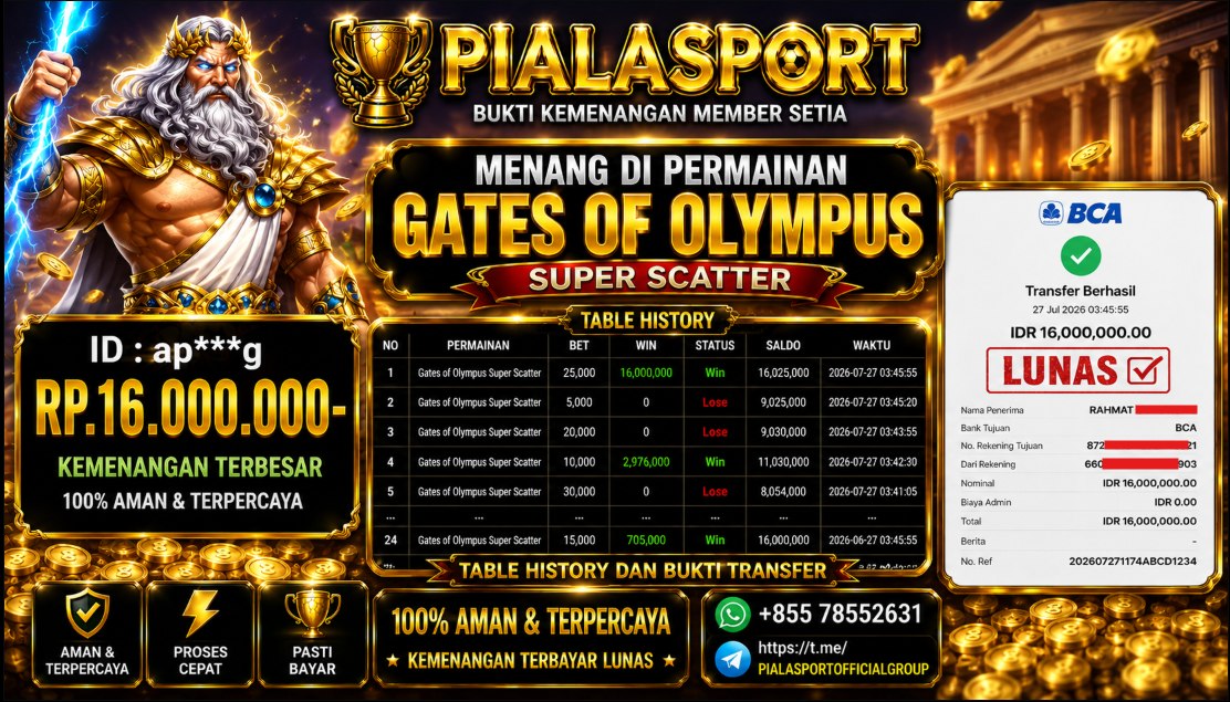 PIALASPORT JACKPOT SLOT GATES OF OLYMPUS SUPER SCATTER Rp.16.000.000,- LUNAS