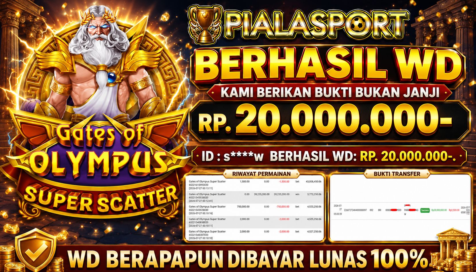PIALASPORT JACKPOT SLOT 'Gates of Olympus Super Scatter Table Rp.20.000.000, BERHASIL WITHDRAW DIBAYAR LUNAS