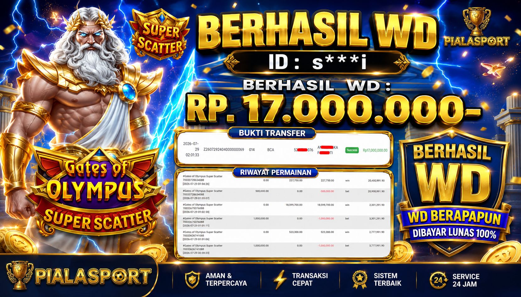 PIALASPORT JACKPOT  'Gates of Olympus Super Scatter Table Rp.17.000.000, BERHASIL WITHDRAW DIBAYAR LUNAS