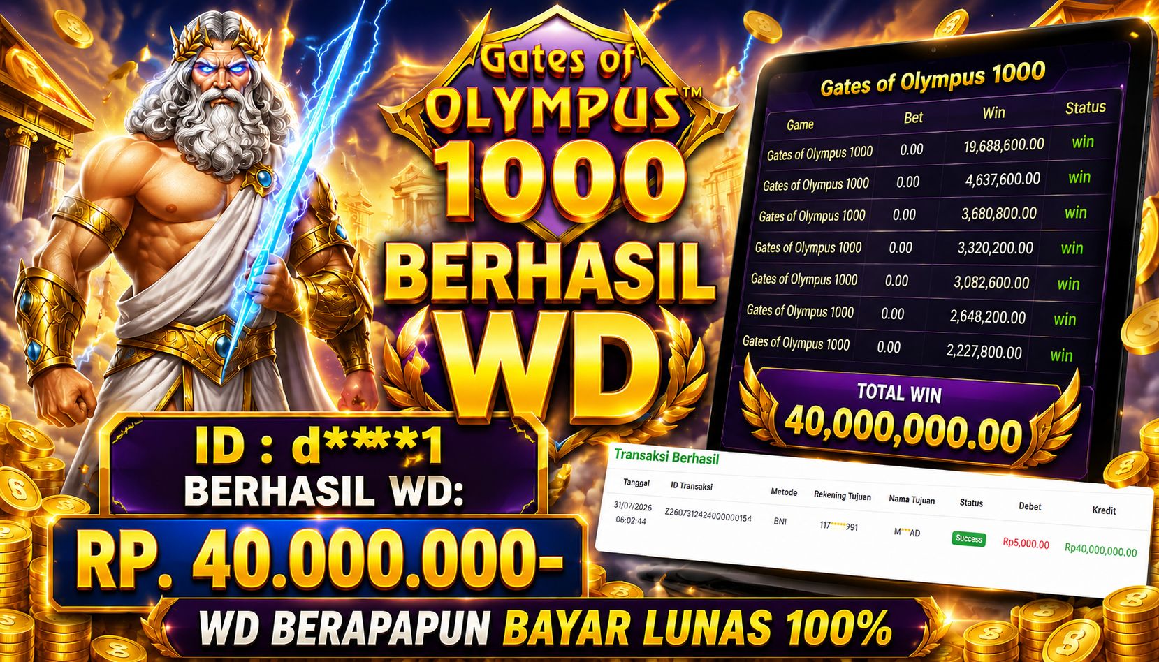 PIALASPORT JACKPOT  'Gates of Olympus 1000 Table Rp.40.000.000, BERHASIL WITHDRAW DIBAYAR LUNAS
