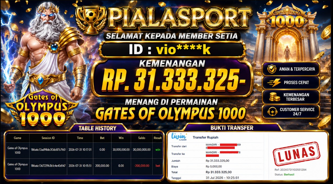 PIALASPORT JACKPOT SLOT GATES OF OLYMPUS 1000 Rp.31.333.325,- LUNAS