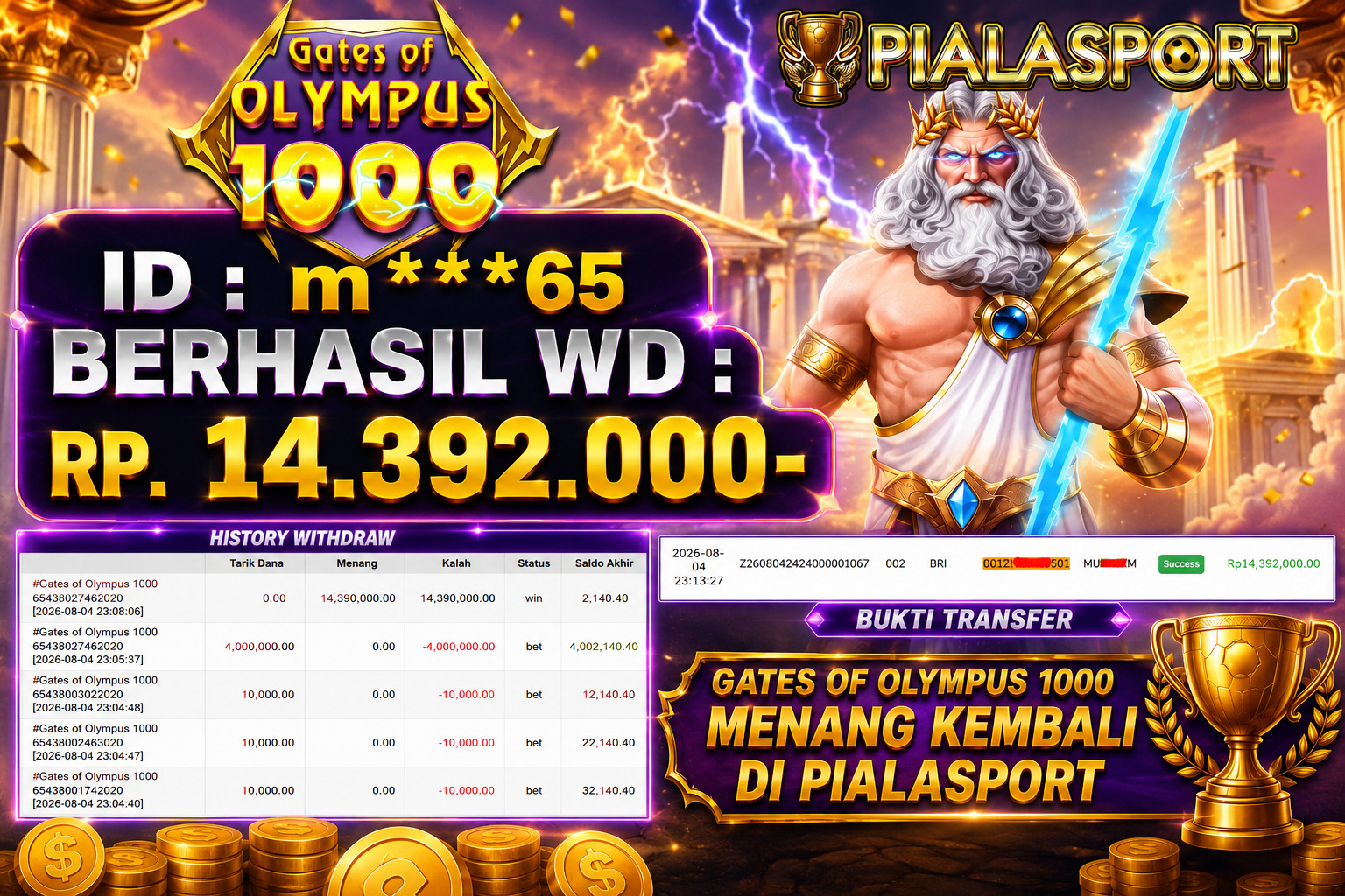 PIALASPORT JACKPOT  ''Gates of Olympus 1000 Rp.14.392.000, BERHASIL WITHDRAW DIBAYAR LUNAS