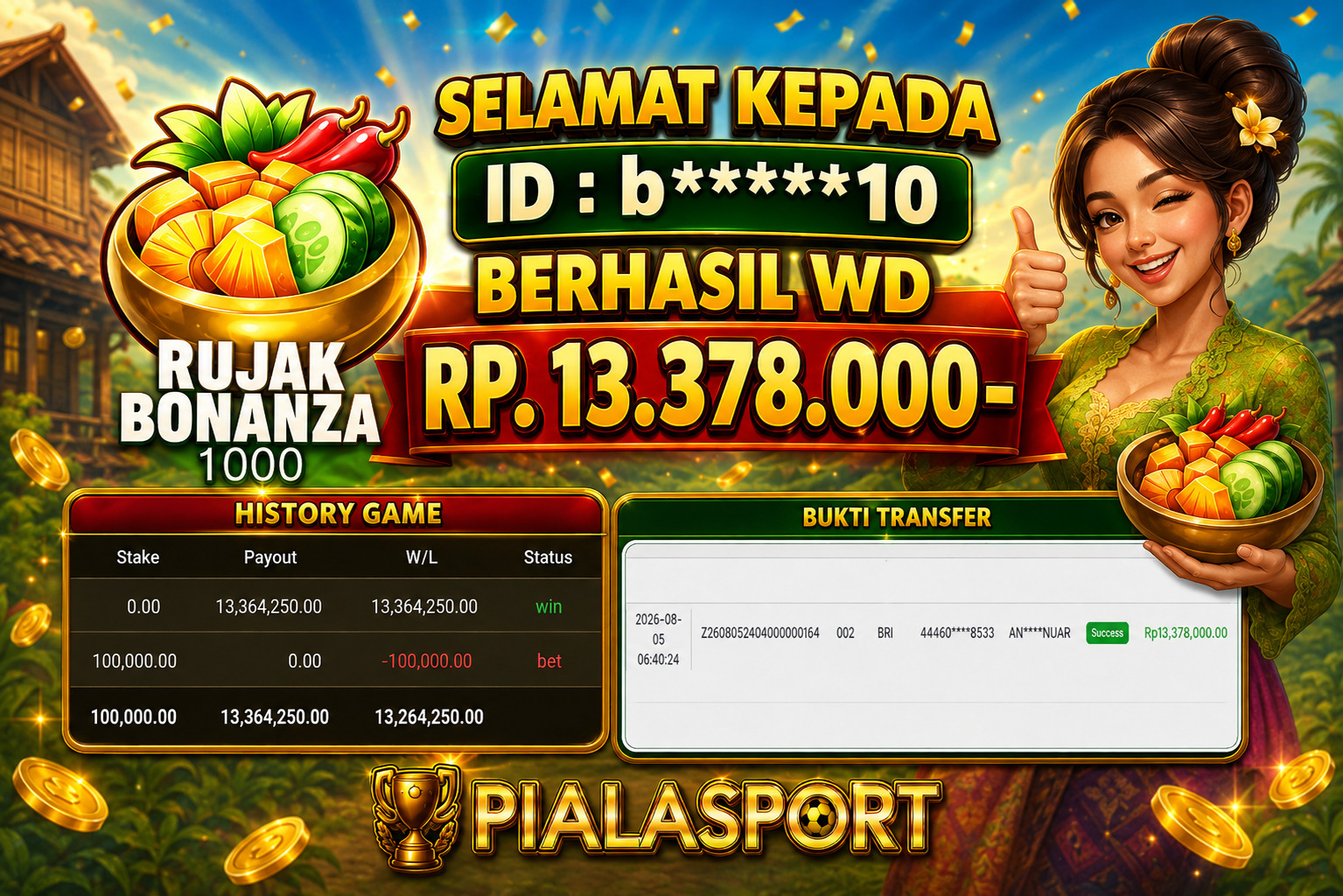 PIALASPORT JACKPOT  ''Rujak Bonanza 1000 Rp.13.378.000, BERHASIL WITHDRAW DIBAYAR LUNAS