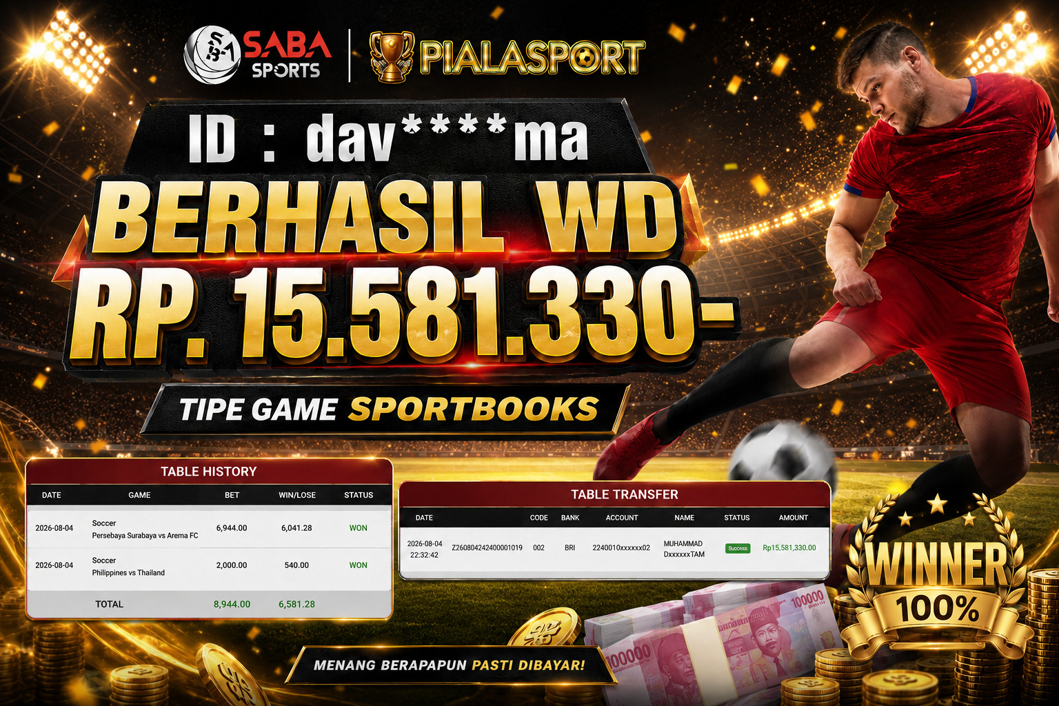 PIALASPORT JACKPOT  'SPORTBOOKS Table Rp.15.581.330, BERHASIL WITHDRAW DIBAYAR LUNAS