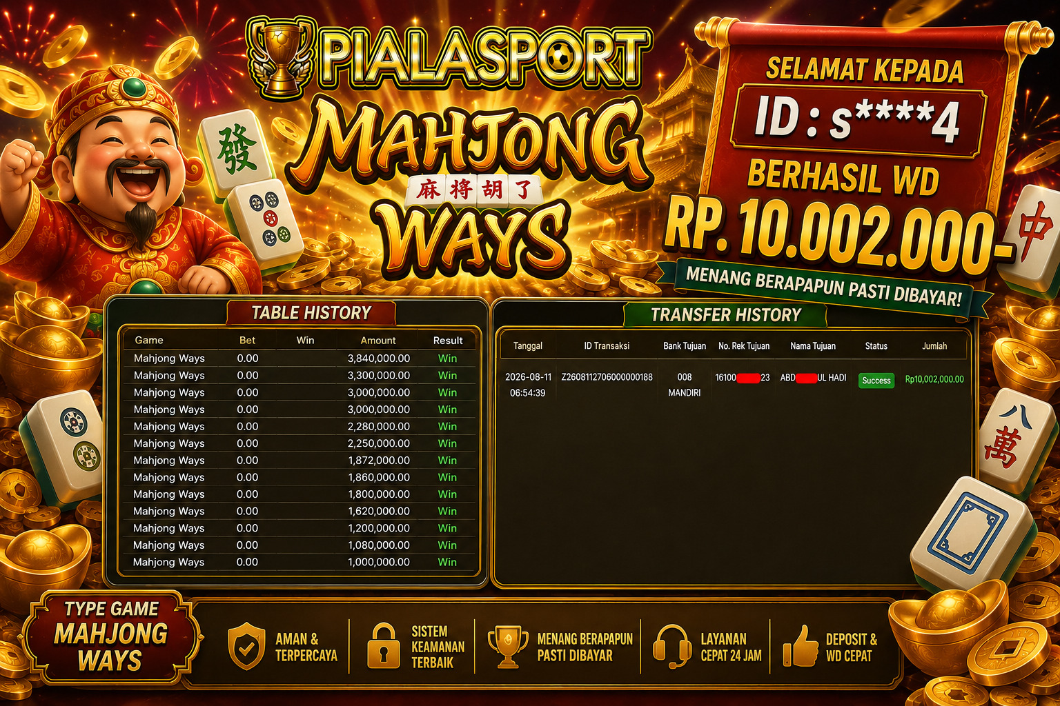 PIALASPORT JACKPOT  ''Mahjong Ways Rp.10.002.000, BERHASIL WITHDRAW DIBAYAR LUNAS