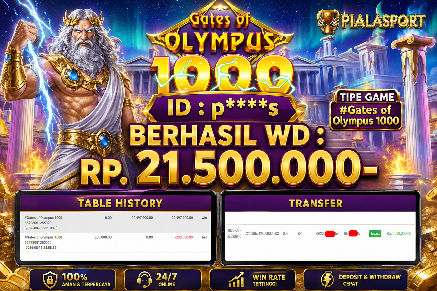 PIALASPORT JACKPOT  'Gates of Olympus 1000 Rp.21.500.000, BERHASIL WITHDRAW DIBAYAR LUNAS
