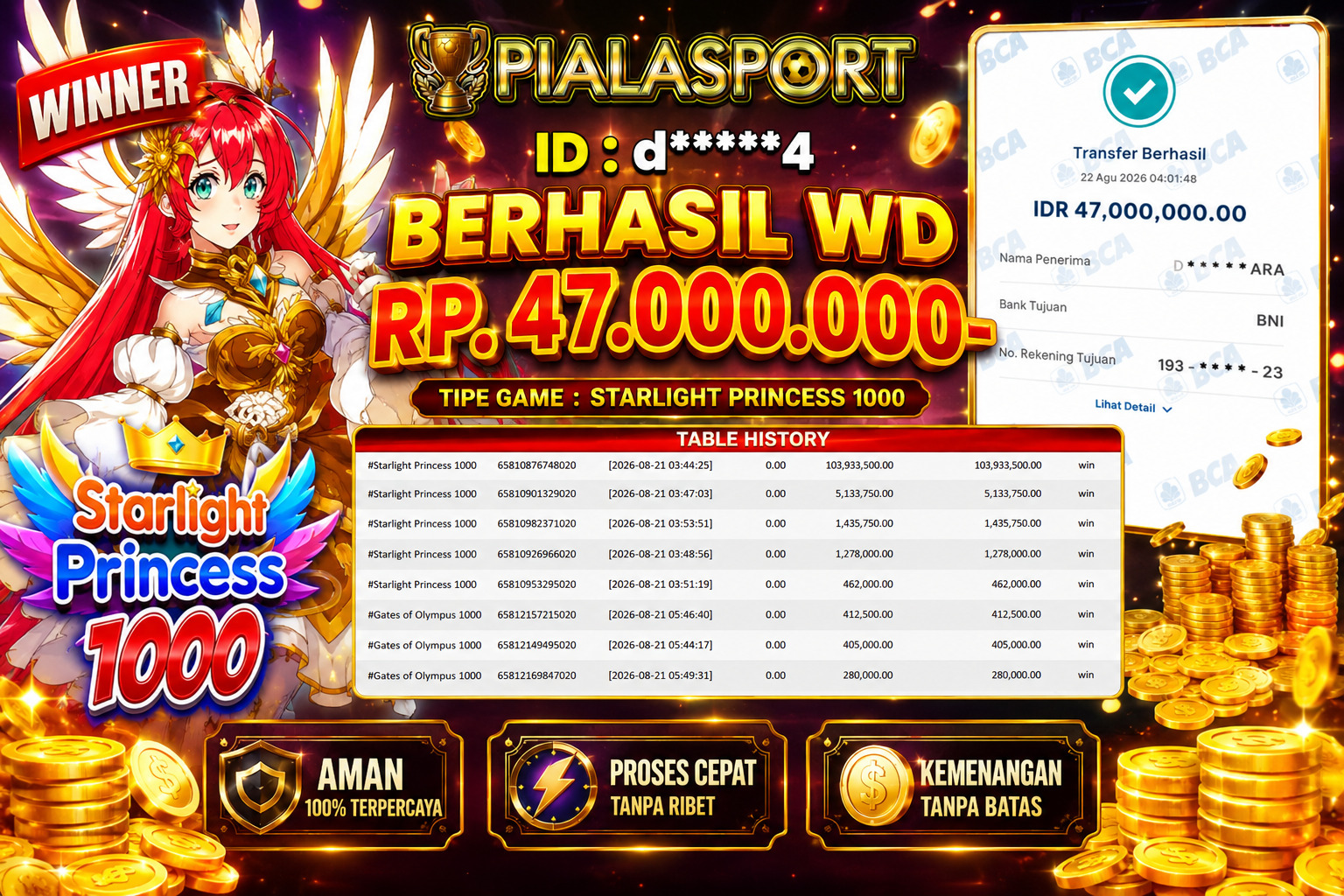 PIALASPORT JACKPOT SLOT Starlight Princess 1000 Rp.47,000,000,- LUNAS
