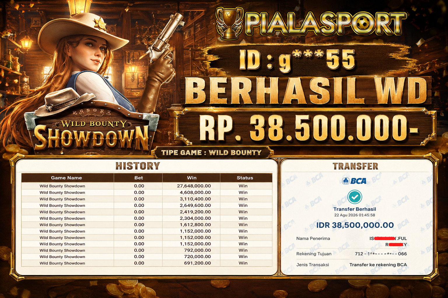 PIALASPORT JACKPOT ''WILD BOUNTY Rp.38.500.000, BERHASIL WITHDRAW DIBAYAR LUNAS