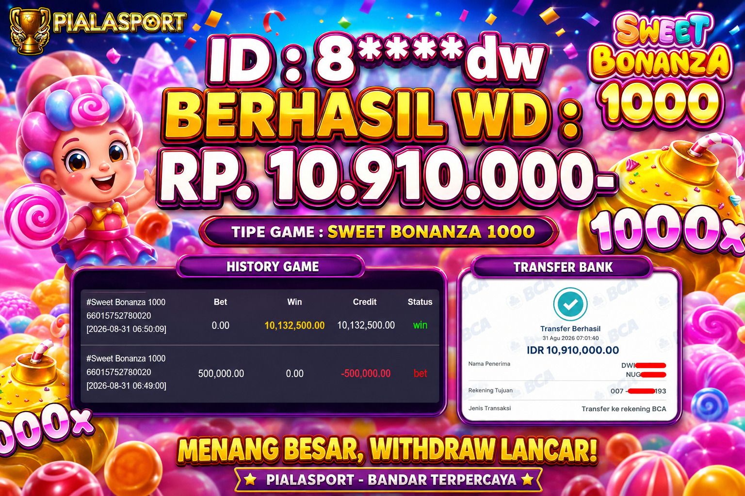 PIALASPORT JACKPOT ''Sweet Bonanza 1000   Rp.10.910.000, BERHASIL WITHDRAW DIBAYAR LUNAS