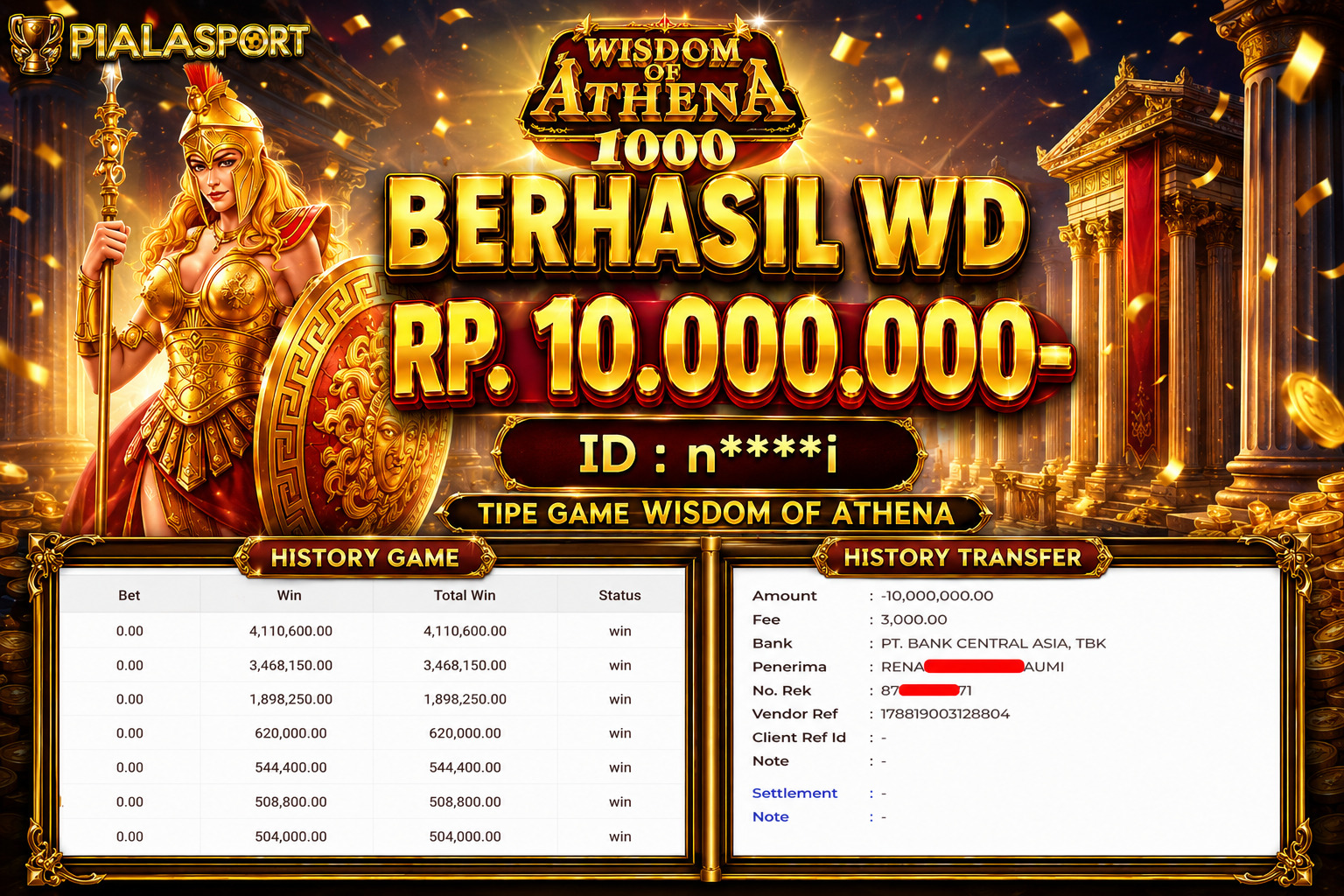 PIALASPORT JACKPOT ''Game Wisdom of Athena Rp.10.000.000, BERHASIL WITHDRAW DIBAYAR LUNAS