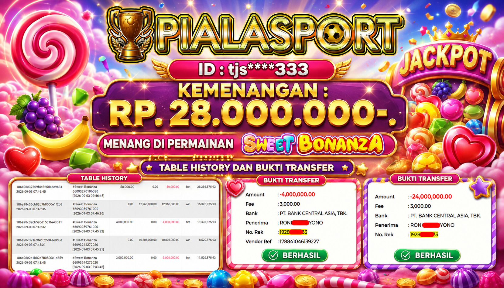 PIALASPORT JACKPOT  'SWEET BONANZA Table Rp.28.000.000, BERHASIL WITHDRAW DIBAYAR LUNAS
