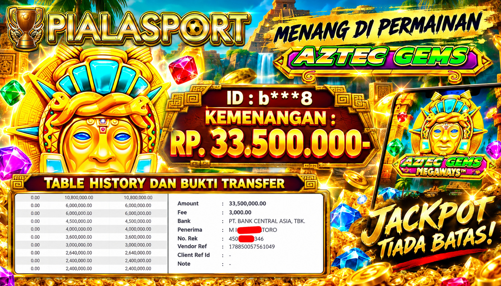 PIALASPORT JACKPOT  ''Aztec Gems Rp.33.500.000, BERHASIL WITHDRAW DIBAYAR LUNAS