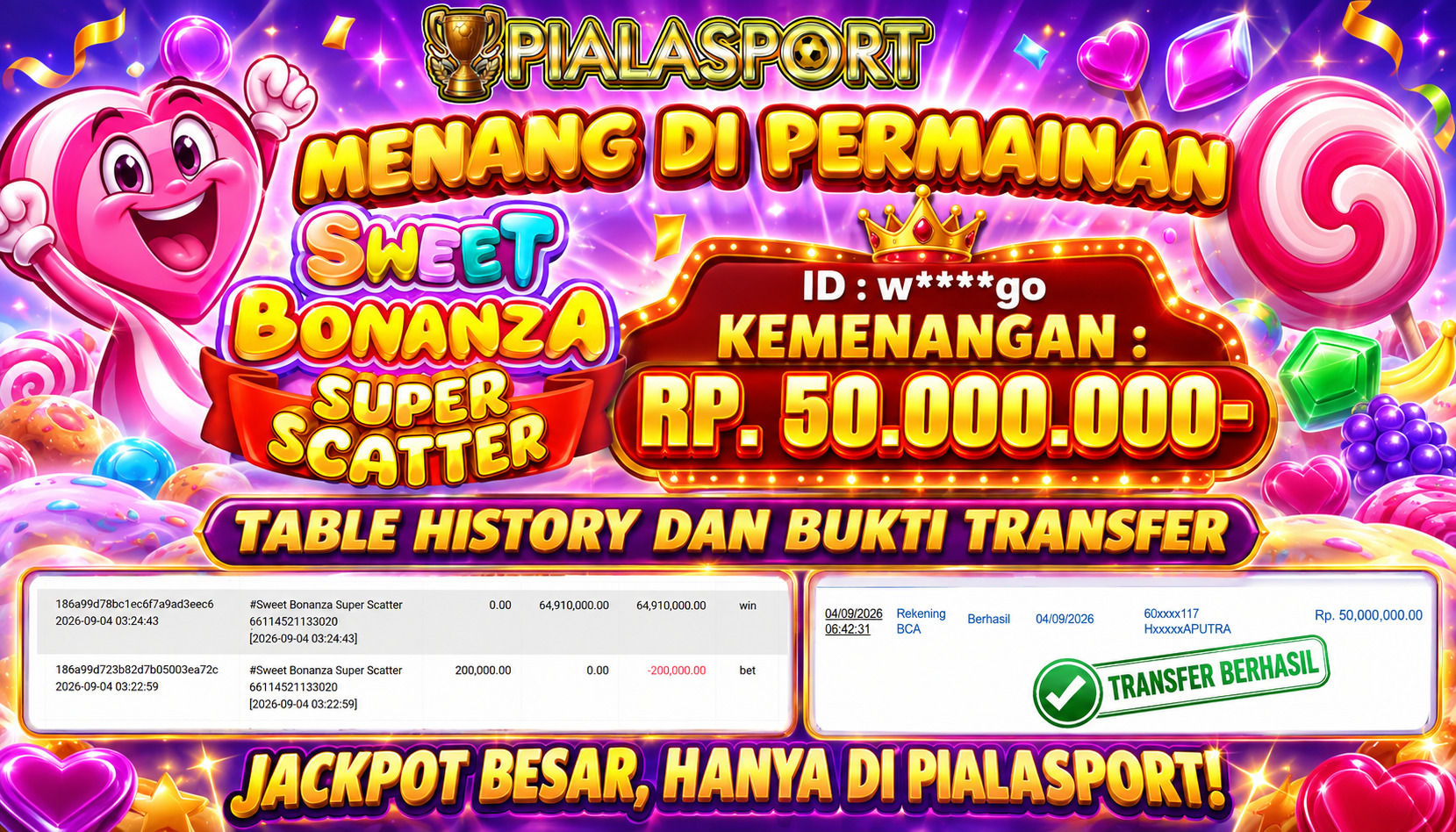 PIALASPORT JACKPOT  ''Sweet Bonanza Super Scatter Rp.50.000.000, BERHASIL WITHDRAW DIBAYAR LUNAS